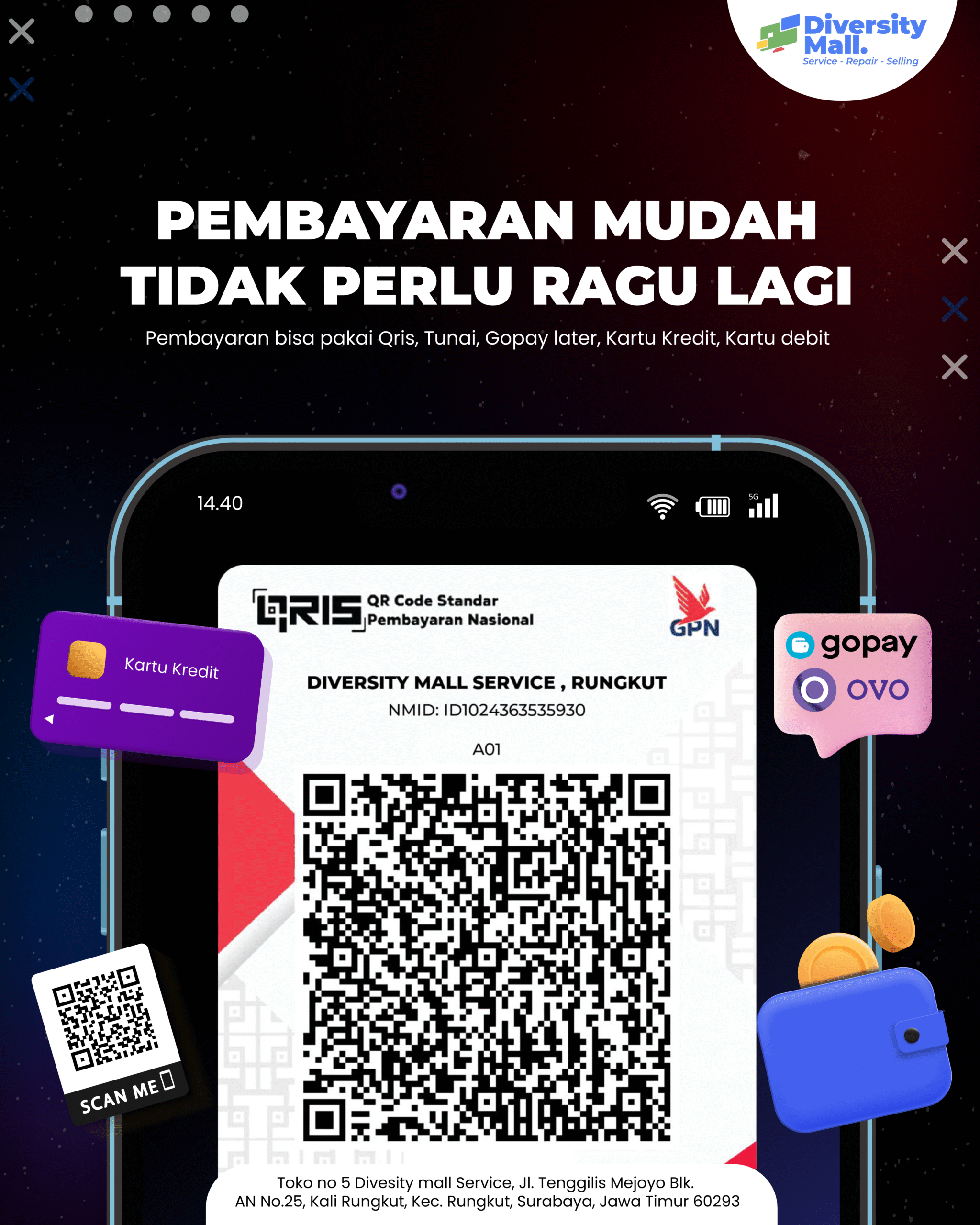 Service Laptop Surabaya – Cepat, Bergaransi & Pembayaran Lengkap | Diversity Mall Service 1 Pembayaran lengkap QRIS, debit, paylater, dan kartu kredit di Diversity Mall Service Surabaya