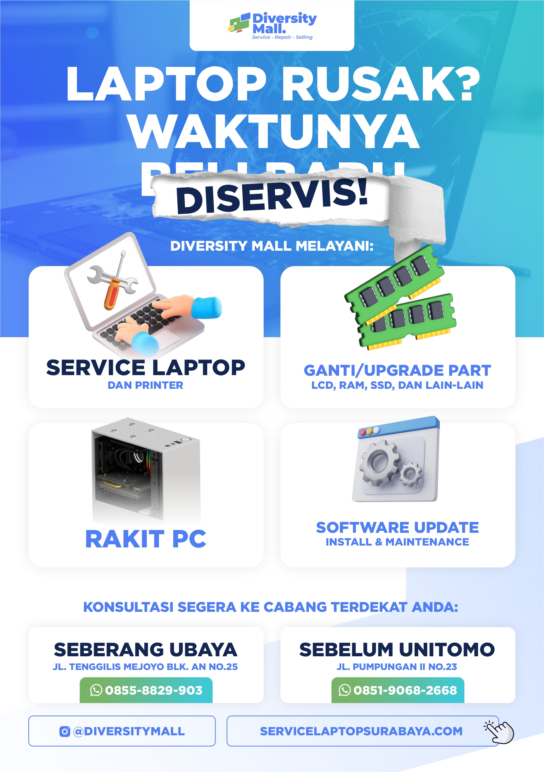 Poster layanan Diversity Mall Service: Service Laptop, Ganti/Upgrade Part, Rakit PC, Software Update